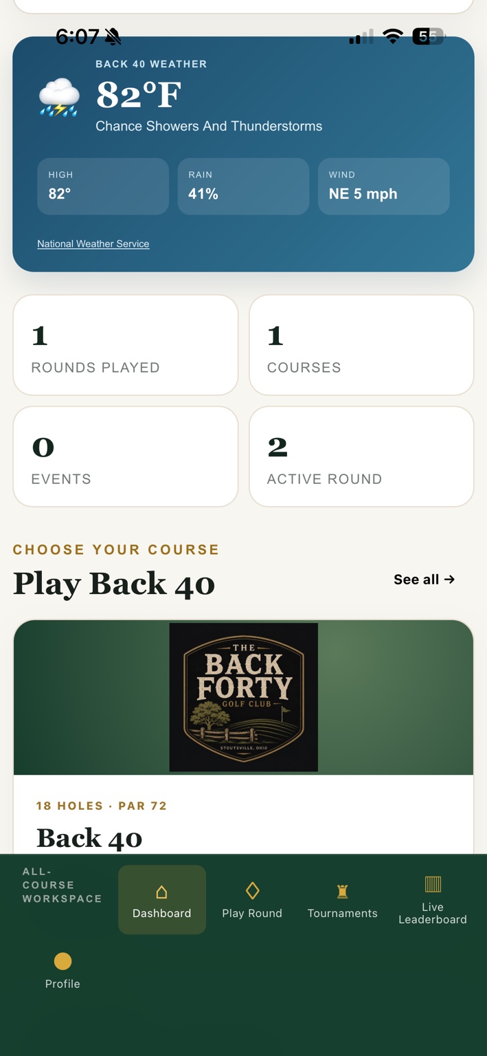 Club In Hand mobile player dashboard with course weather and round activity