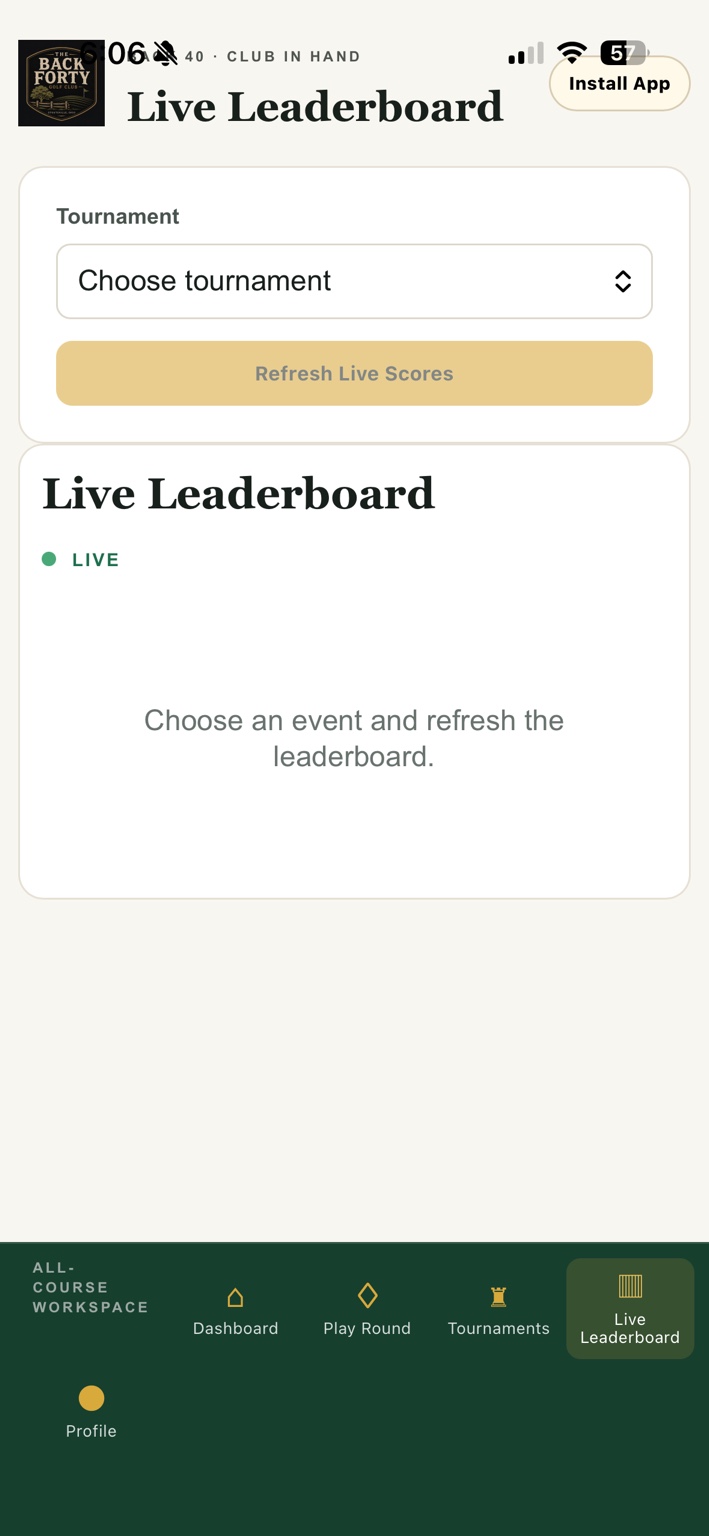 Club In Hand mobile live tournament leaderboard