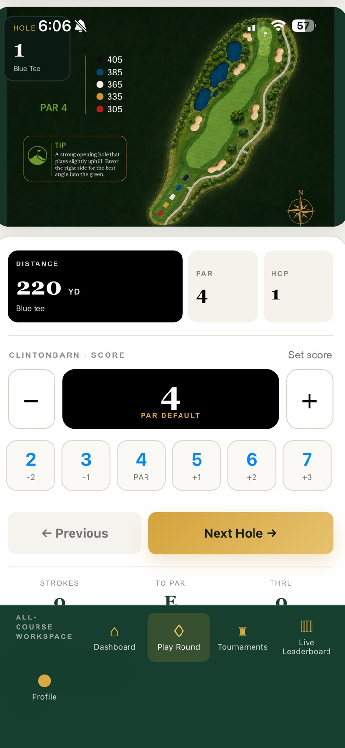 Club In Hand mobile live scoring screen with hole overview, distance, par, handicap, and score controls